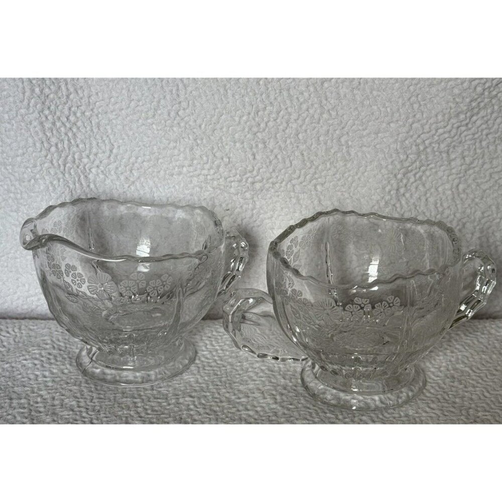New Martinsville Glass Creamer Sugar Bowl Set Etched Flower Basket Wing Handles
